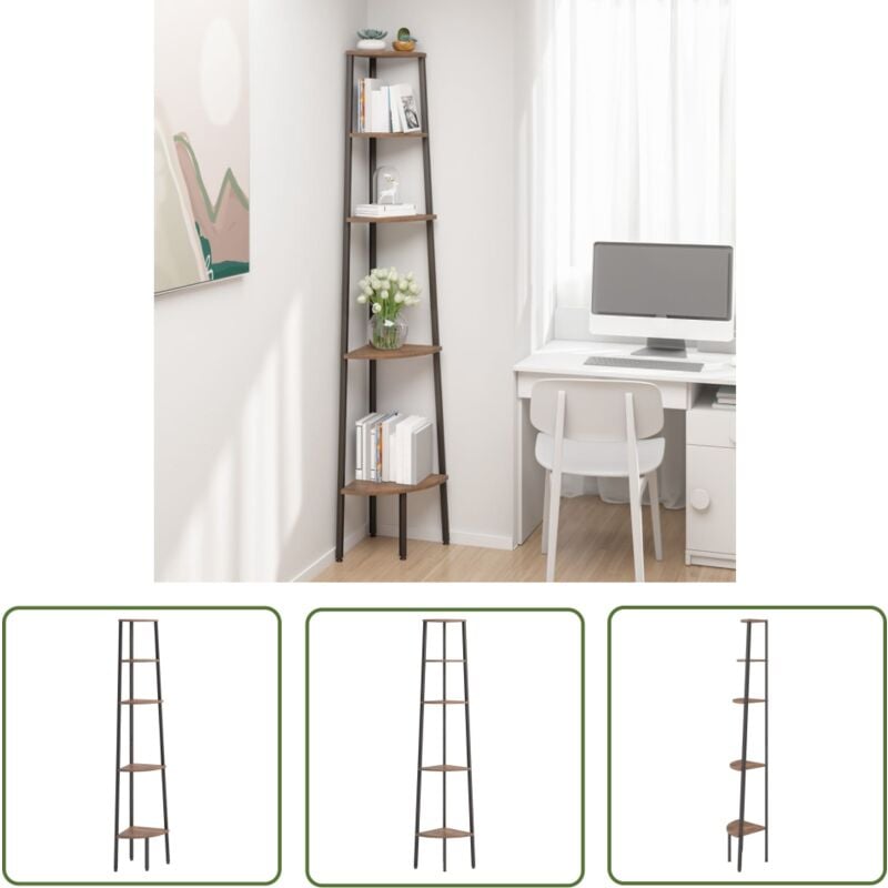 The Living Store - tagère d'angle 5 niveaux Marron foncé et noir 45,5x31,5x180 cm - Bibliothèque D'angle - Étagère D'angle - Meuble D'angle