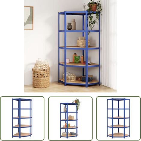 The Living Store Étagère d'angle à 5 niveaux Bleu Acier et bois d'ingénierie - Étagère D'angle - Étagère Métallique - Rangement Vertical - Meuble De Rangement - Étagère Industrielle