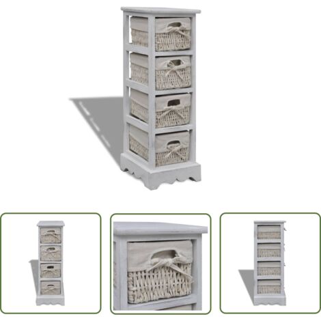 The Living Store Étagère de rangement en bois 4 paniers en tissage Blanc - Meuble De Rangement - Étagère Bois - Bibliothèque Murale - Panier Tissu - Décoration Intérieure