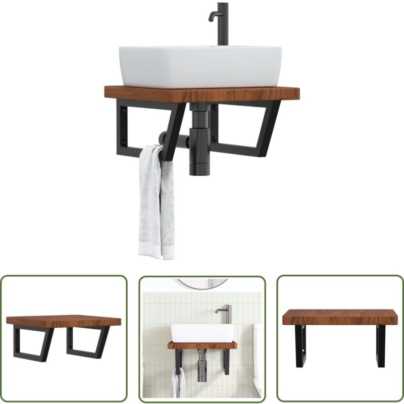 The Living Store - tagère de vasque murale acier et bois de chêne massif - Etagere Murale - Etagere Lavabo - Rangement Salle Bain - Meuble Salle Bain