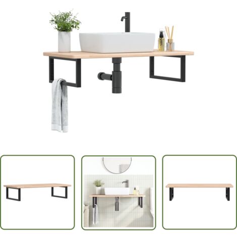 The Living Store Étagère de vasque murale acier et bois de chêne massif - Meuble De Salle De Bain - Étagère Murale - Étagère De Lavabo - Meuble Suspendu - Rangement Salle De Bain
