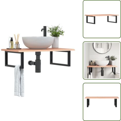 The Living Store Étagère de vasque murale acier et bois de chêne massif - Meuble De Salle De Bain - Étagère Murale - Étagère De Lavabo - Meuble Suspendu - Rangement Salle De Bain