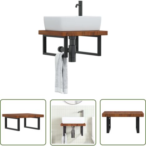 The Living Store Étagère de vasque murale acier et bois de chêne massif - Meuble De Salle De Bain - Étagère Murale - Étagère De Lavabo - Meuble Suspendu - Rangement Salle De Bain