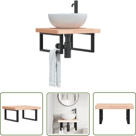 The Living Store Étagère de vasque murale acier et bois massif de hêtre - Étagère De Salle De Bain - Meuble De Salle De Bain - Étagère Murale - Étagère Flottante - Meuble Lavabo