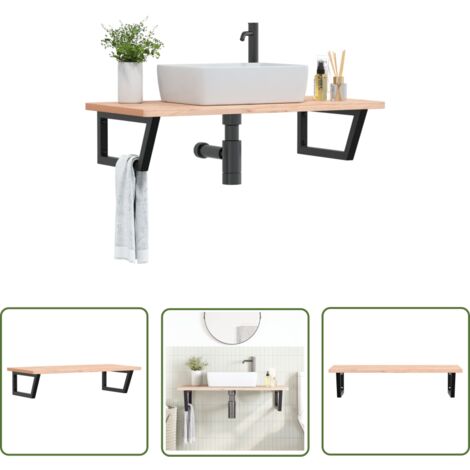 The Living Store Étagère de vasque murale acier et bois massif de hêtre - Etagere Murale - Etagere Lavabo - Rangement Salle De Bain - Meuble Salle De Bain - Etageres Flottantes