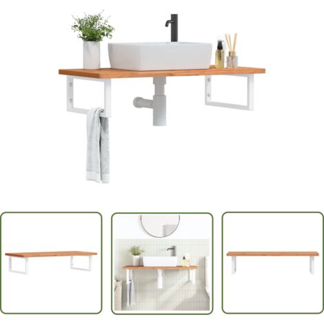 The Living Store Étagère de vasque murale acier et bois massif de hêtre - Étagère Murale - Meuble De Salle De Bain - Étagère De Lavabo - Étagère Flottante - Meuble-lavabo