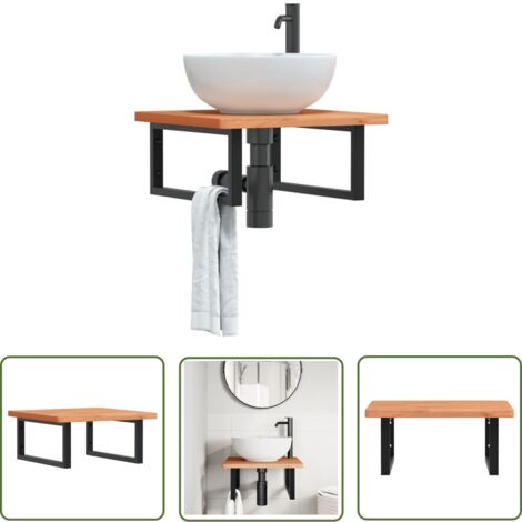 The Living Store Étagère de vasque murale acier et bois massif de hêtre - Meuble De Salle De Bain - Étagère De Salle De Bain - Étagère Murale - Meuble Lavabo - Rangement Salle De Bain