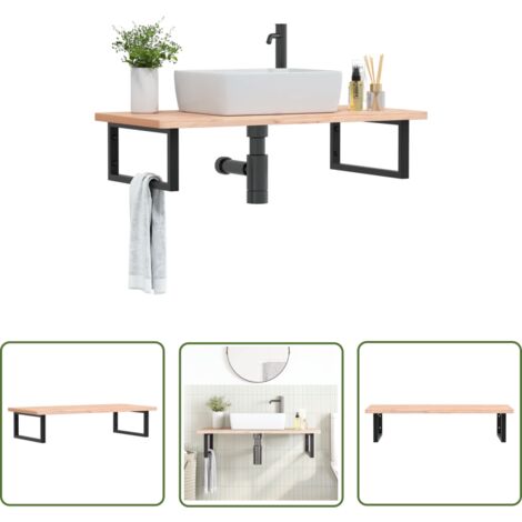 The Living Store Étagère de vasque murale acier et bois massif de hêtre - Meuble De Salle De Bain - Étagère Murale - Étagère De Lavabo - Meuble Suspendu - Rangement Salle De Bain