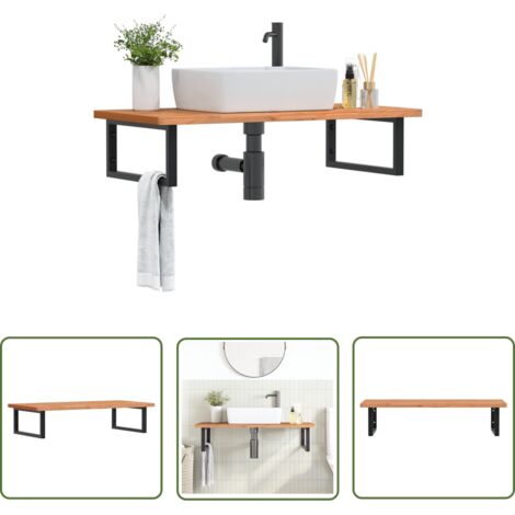 The Living Store Étagère de vasque murale acier et bois massif de hêtre - Meuble De Salle De Bain - Étagère Murale - Étagère De Lavabo - Meuble Suspendu - Rangement Salle De Bain