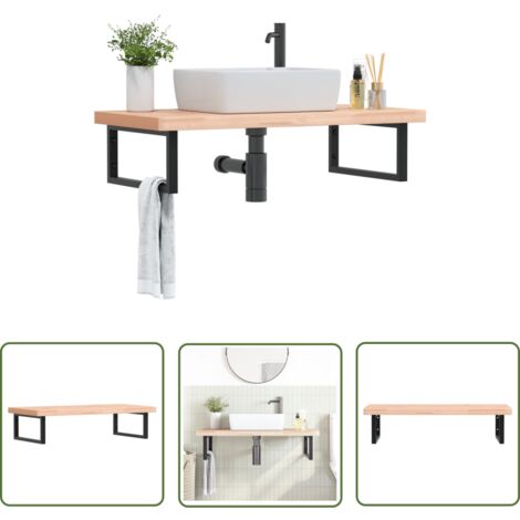 The Living Store Étagère de vasque murale acier et bois massif de hêtre - Meuble De Salle De Bain - Étagère Murale - Étagère De Lavabo - Meuble Suspendu - Rangement Salle De Bain