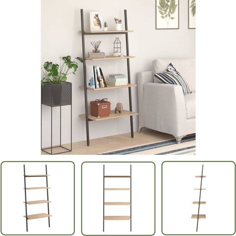 The Living Store - tagère inclinée à 4 niveaux Marron clair et noir 64x34x150,5cm - Bibliothèque Murale - Étagère Inclinée - Meuble Rangement