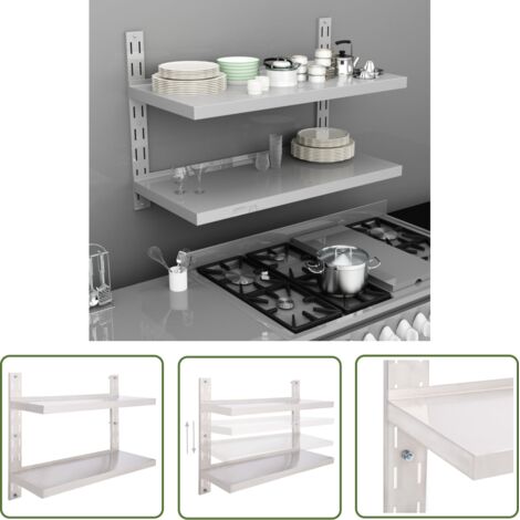 The Living Store Étagère murale à 2 niveaux Acier inoxydable 100x30 cm - Étagère Murale - Étagère Cuisine - Rangement Cuisine - Étagère Inox - Étagère Flottante