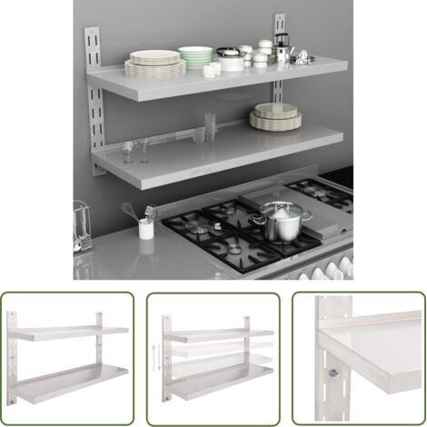 The Living Store Étagère murale à 2 niveaux Acier inoxydable 120x30 cm - Étagère Murale - Étagère Cuisine - Rangement Cuisine - Étagère Inox - Étagère Flottante