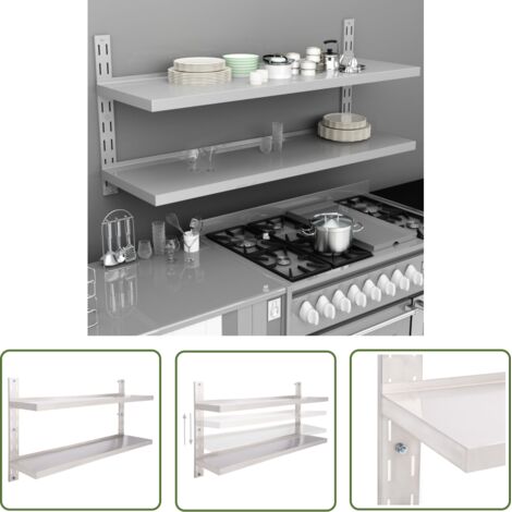 The Living Store Étagère murale à 2 niveaux Acier inoxydable 150x30 cm - Étagère Murale - Étagère Cuisine - Rangement Mural - Étagère Inox - Étagère Flottante
