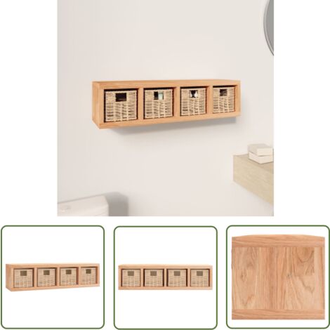 The Living Store Étagère murale avec paniers 62x18x16 cm Bois massif de noyer - Etagere Murale - Étagère Suspendue - Bibliothèque Murale - Rangement Mural - Meuble De Salle À Manger