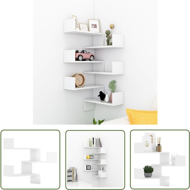 The Living Store - tagères murales d'angle 2 pcs Blanc brillant Bois d'ingénierie - Etagere Murale - Étagère D'angle - Rangement Mural - Décoration
