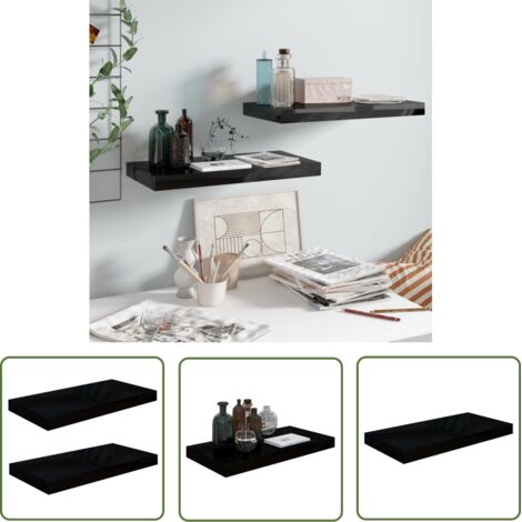 The Living Store Étagère murale flottante 2 pcs Noir brillant 50x23x3,8 cm MDF - Étagère Murale - Étagère Flottante - Rangement Mural - Décoration Murale - Meuble Déco