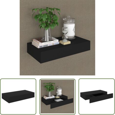 The Living Store Étagère murale flottante avec tiroir Noir 48x25x8 cm - Étagère Murale - Étagère Flottante - Rangement Mural - Décoration Murale - Meuble Noir