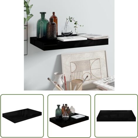 The Living Store Étagère murale flottante Noir brillant 40x23x3,8 cm MDF - Étagère Murale - Étagère Flottante - Décoration Murale - Rangement Mural - Meuble Déco