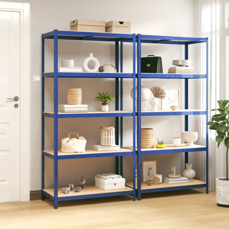 Étagères à 5 niveaux 2pcs Bleu Acier et bois d'ingénierie - The Living Store - Bleu
