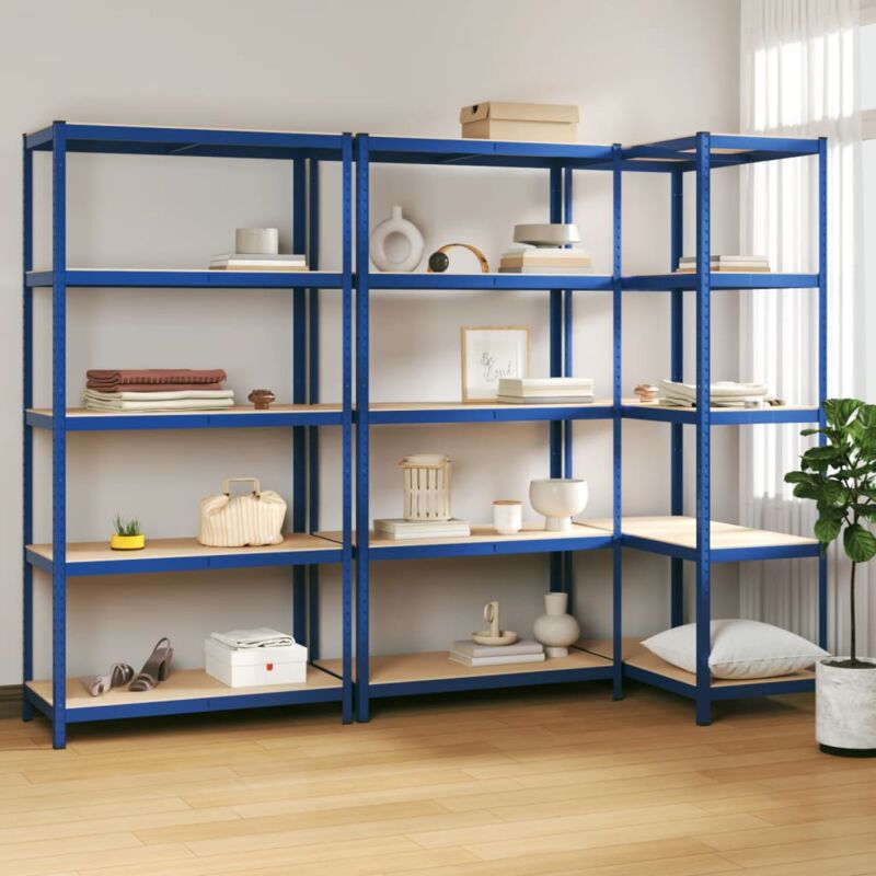 Étagères à 5 niveaux 3 pcs Bleu Acier et bois d'ingénierie - The Living Store - Bleu