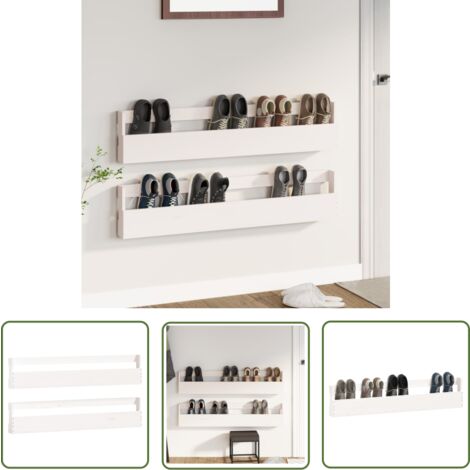 The Living Store Étagères à chaussures murales 2 pcs Blanc 110x9x23cm Pin massif - Étagères À Chaussures - Étagères Murales - Rangement Chaussures - Organisateur Chaussures - Meuble Chaussure