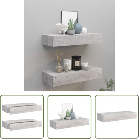 The Living Store Étagères à tiroir murales 2 pcs Gris béton 60x23,5x10 cm MDF - Etagere Murale - Étagère Suspendue - Rangement Mural - Meuble Déco - Étagère Tiroir