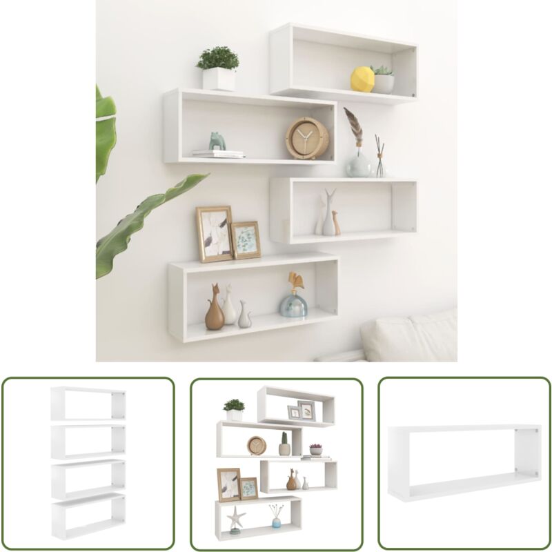 The Living Store Étagères murales cube 4 pcs Blanc brillant Bois d’ingénierie - Etagere Murale - Rangement Mural - Etageres Cubes - Meuble Blanc