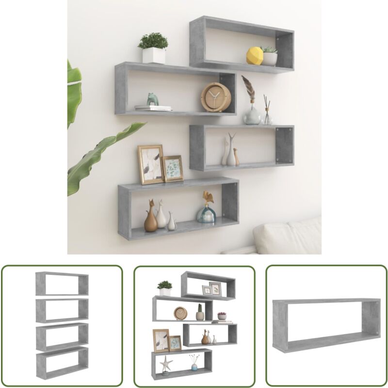 The Living Store - tagères murales cube 4 pcs Gris béton Bois d'ingénierie - Etagere Murale - Rangement Mural - Etageres Cubes - Meuble Deco