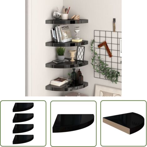 The Living Store Étagères d'angle flottantes 4 pcs noir brillant 35x35x3,8cm MDF - Etagere Murale - Étagère Flottante - Rangement Mural - Décoration Murale - Meuble Angle