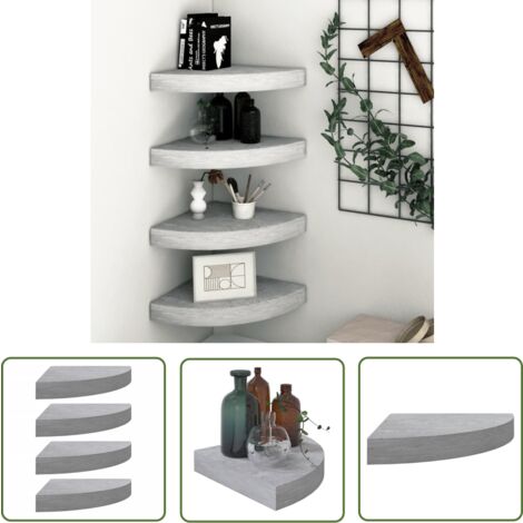 The Living Store Étagères d'angle murales 4 pcs Gris béton 25x25x3,8 cm MDF - Etagere Murale - Étagère D'angle - Rangement Mural - Décoration Murale - Meuble Gris
