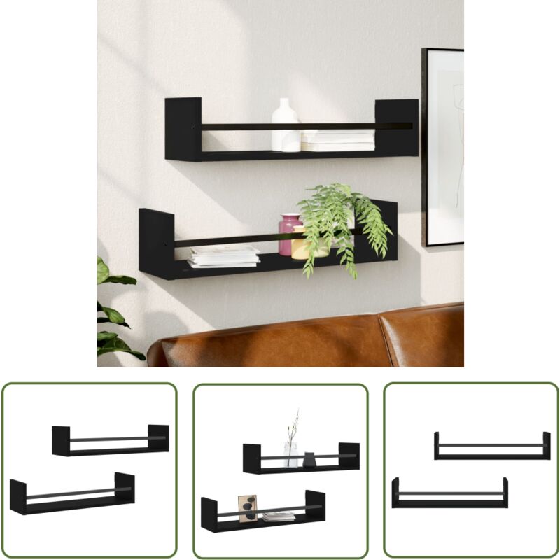 The Living Store - tagères murales avec barres 2 pcs noir 60x16x14 cm - Etagere Murale - Étagères Murales - Étagère Flottante - Meuble Mural