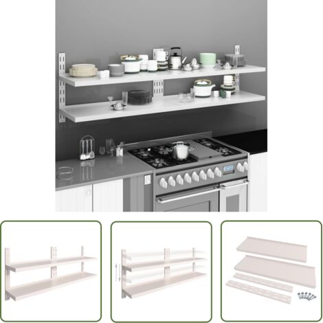 The Living Store Étagères murales flottantes à 2 niveaux 2 pcs Inox 200x30 cm - Étagères Murales - Étagères De Cuisine - Rangement Mural - Espace De Rangement - Inox