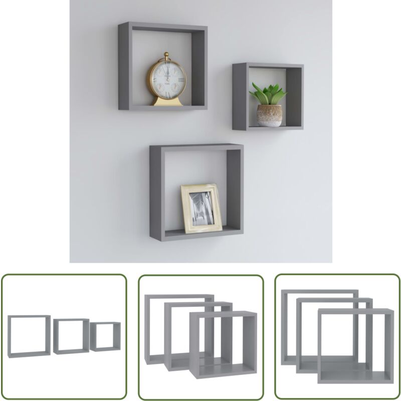 The Living Store - tagères murales sous forme de cube 3 pcs Gris mdf - Etagere Murale - Etagere Cube - Rangement Mural - Decoration Murale - Meuble