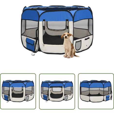 The Living Store Faltbarer Welpenlaufstall mit Tragetasche Blau 110x110x58 cm - Hundeauslauf - Welpenspielplatz - Transportbox Für Tiere - Faltbarer Zwinger - Hundegitter