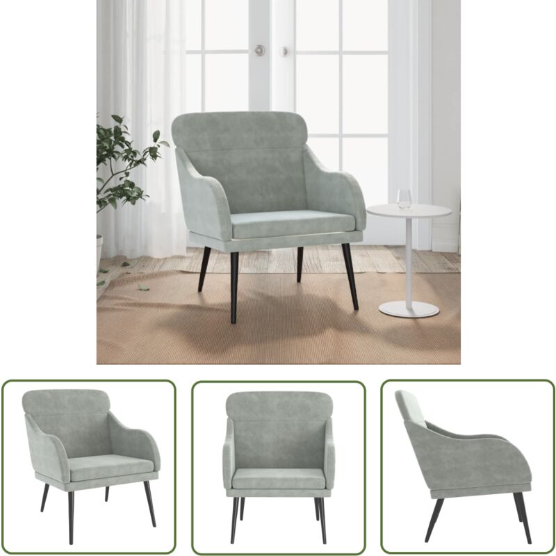Fauteuil Gris clair 63x76x80 cm Velours - Fauteuil Relaxant - Fauteuil Confort - Fauteuil Velours - Chaise Lounge - Meuble Salon - The Living Store