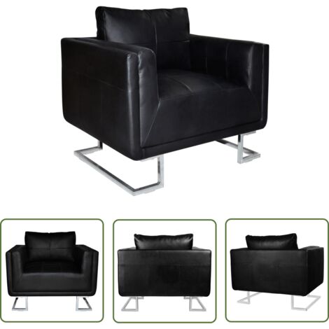 The Living Store Fauteuil cube avec pieds chromés Noir Similicuir - Fauteuil En Cuir - Fauteuil Moderne - Fauteuil Noir - Fauteuil Design - Chaise Confort