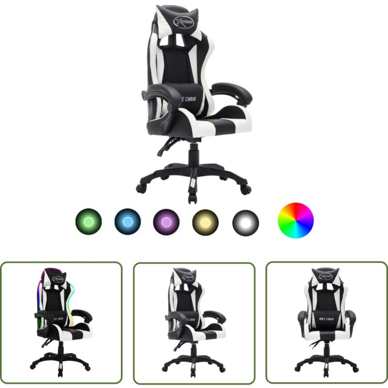 The Living Store - Fauteuil de jeux vidéo avec led rvb Blanc et noir Similicuir - Chaise Gaming - Fauteuil Gamer - Chaise Ergonomique - Lumière Led