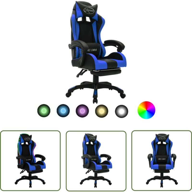 The Living Store - Fauteuil de jeux vidéo avec led rvb Bleu et noir Similicuir - Chaise Gaming - Fauteuil Gamer - Chaise Ergonomique - Chaise Bureau