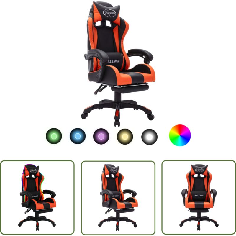 The Living Store - Fauteuil de jeux vidéo avec led rvb Orange et noir Similicuir - Chaise Gaming - Fauteuil Gamer - Chaise Ergonomique - Lumière Led