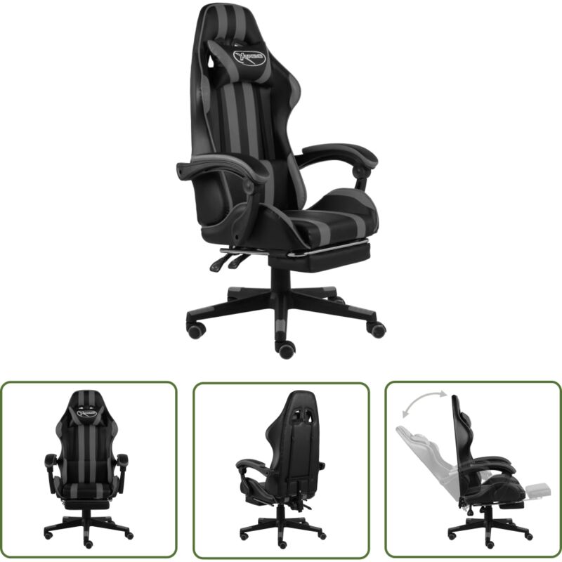 The Living Store - Fauteuil de jeux vidéo avec repose-pied Noir et gris Similicuir - Chaise Gaming - Fauteuil Gamer - Chaise Ergonomique - Chaise