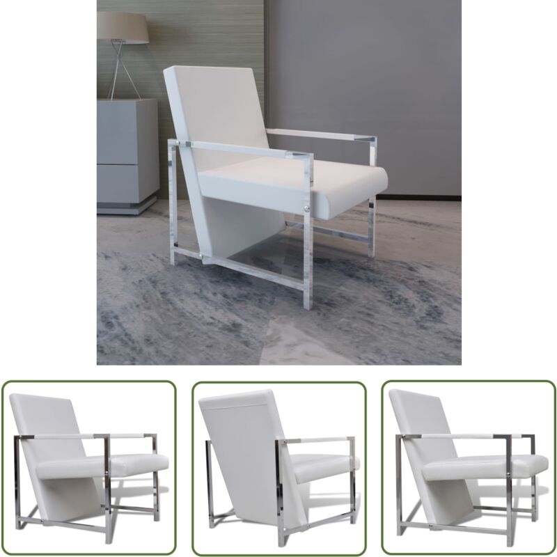 The Living Store - Fauteuil avec pieds chromés Blanc Similicuir - Fauteuil Moderne - Fauteuil Blanc - Chaise Relaxante - Fauteuil Cuir Synthétique