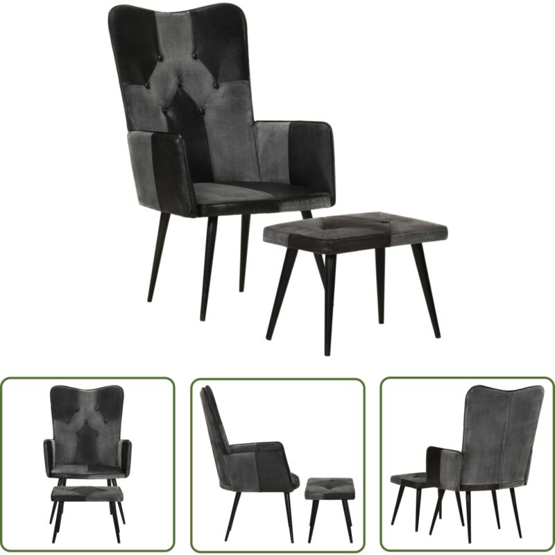 The Living Store - Fauteuil avec repose-pieds Noir Cuir véritable et toile - Fauteuil Relax - Fauteuil Cuir - Fauteuil Design - Fauteuils