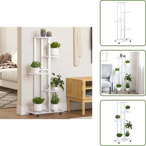 The Living Store Fioriera a 5 Piani con Ruote 44x23x100 cm Ferro Bianco - Fioriera con ruote
