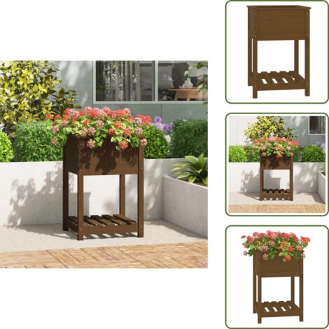 The Living Store Fioriera con Mensola Ambra 54x54x81cm in Legno Massello di Pino - Fioriera da giardino