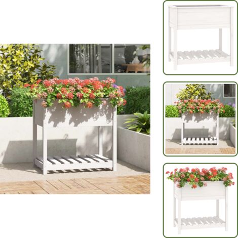 The Living Store Fioriera con Mensola Bianca 82,5x54x81cm in Legno Massello Pino - Fioriera da giardino
