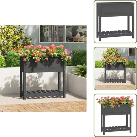 The Living Store Fioriera con Mensola Grigia 82,5x34,5x81cm Legno Massello Pino - Fioriera da giardino