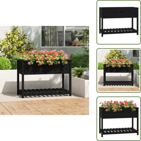 The Living Store Fioriera con Mensola Nera 111,5x54x81cm Legno Massello di Pino - Fioriera da giardino