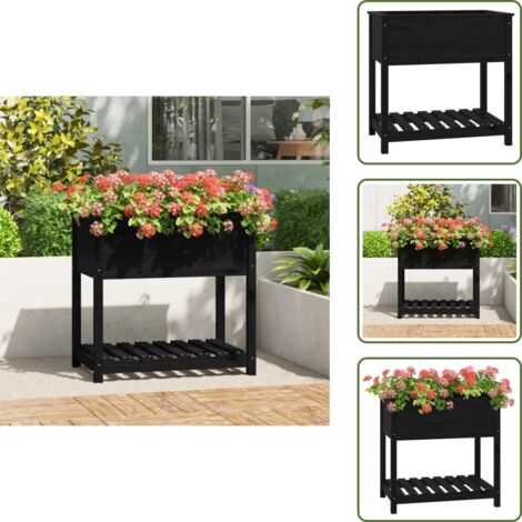 The Living Store Fioriera con Mensola Nera 82,5x54x81 cm Legno Massello di Pino - Fioriera da giardino