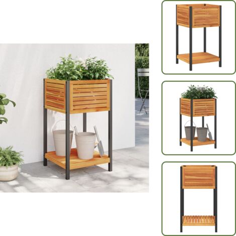 The Living Store Fioriera con Ripiano 45x45x80 cm in Legno Acacia e Acciaio - Fioriera da giardino